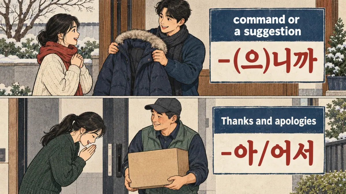 Coat advice uses -(으)니까; thanks uses -아/어서 in two illustrated lanes.