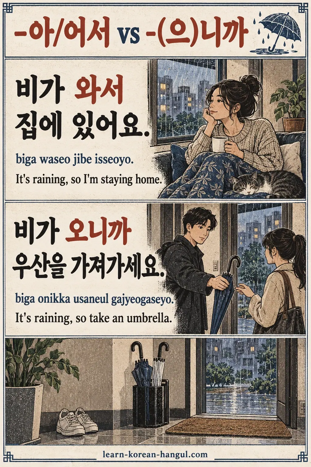 -아/어서 vs -(으)니까: Rain examples: 비가 와서 집에 있어요. (biga waseo jibe isseoyo.); 비가 오니까 우산을 가져가세요. (biga onikka usaneul gajyeogaseyo.).