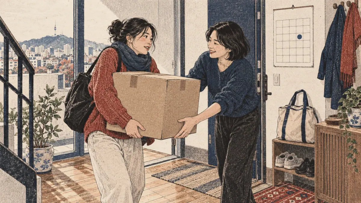 A friend offers immediate help carrying a box, beside a calendar suggesting a future plan.