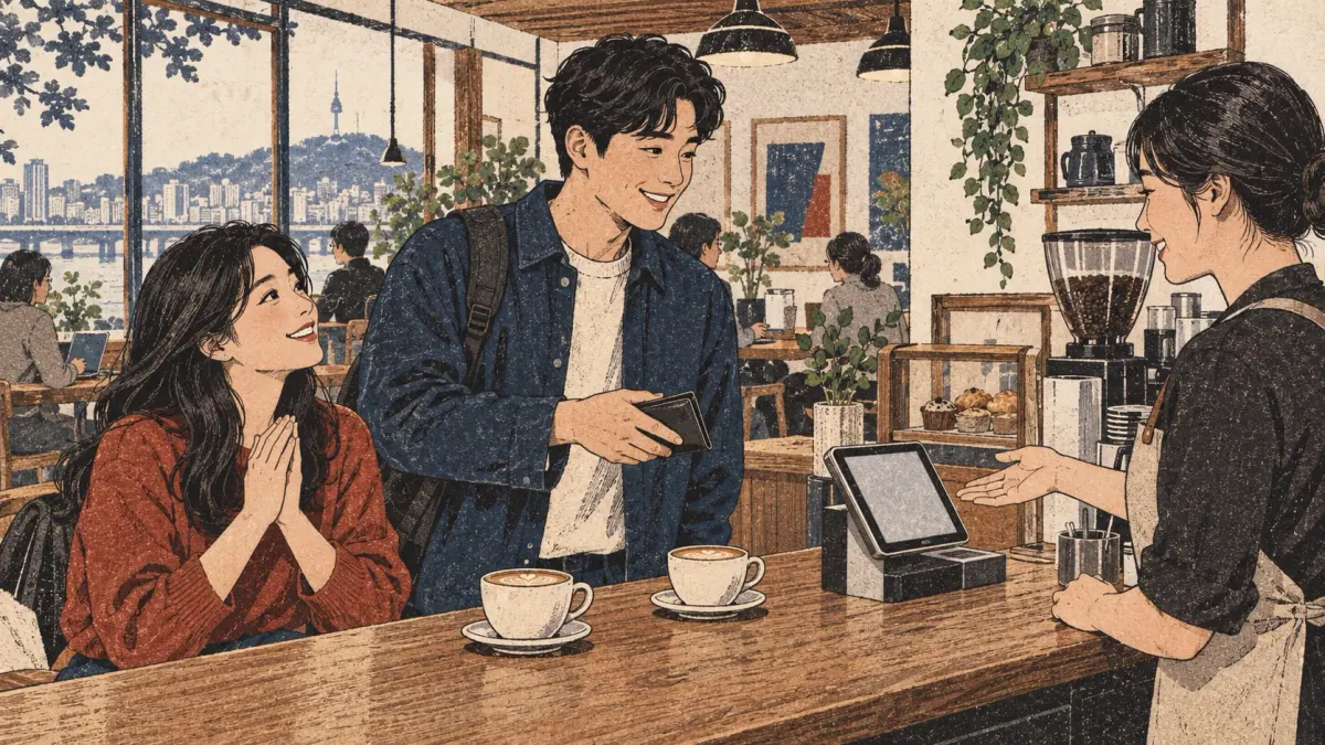 A café customer spontaneously offers to pay for two coffees while a friend responds warmly.