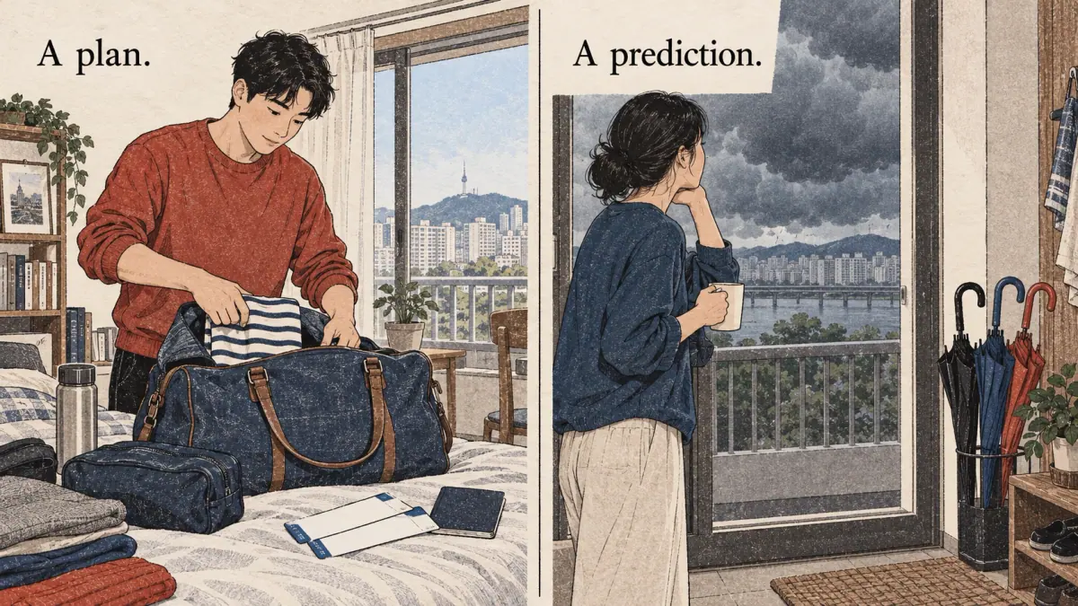 Weekend packing illustrates a plan; dark rain clouds illustrate a prediction.