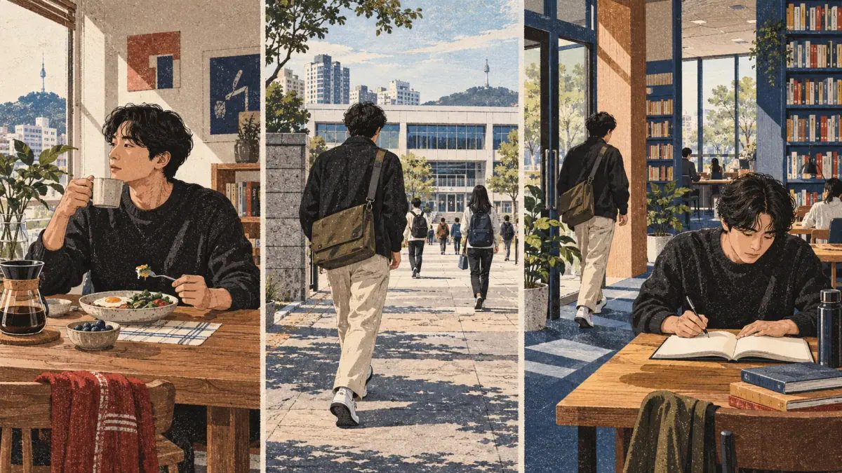 Breakfast and school are separate actions; arriving at a library leads into studying in the same place.