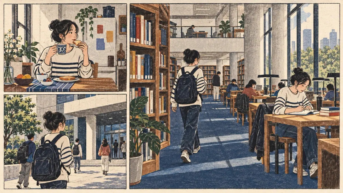 Separate breakfast and school actions contrast with studying at the library after arriving.