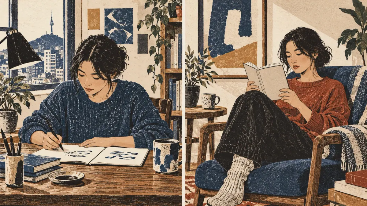 A learner finishes homework and then reads a book in a separate chair.