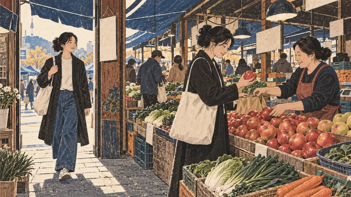 A woman goes to a market and buys apples there; the same place connects both actions.