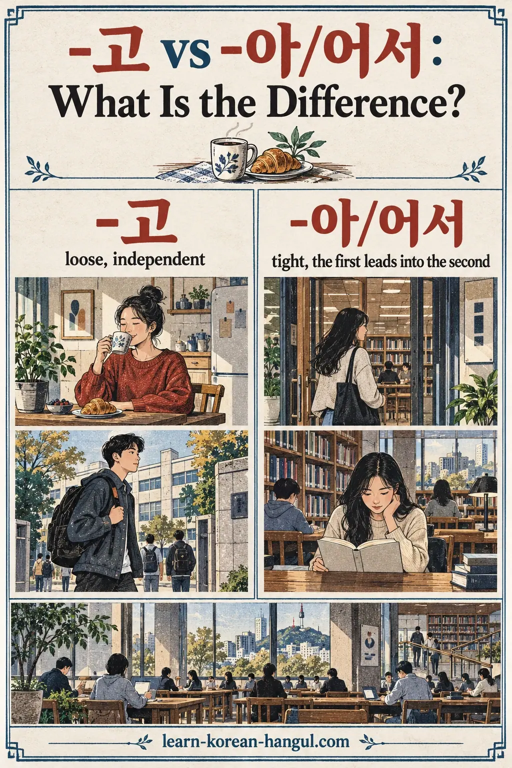 -고 vs -아/어서 contrasts separate breakfast and school events with arriving and studying at the library.