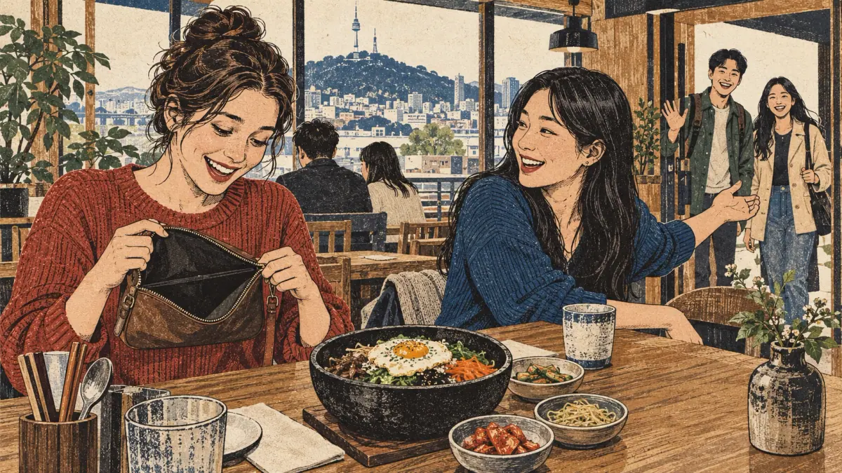 A diner enjoys good food despite the expense while a friend invites others to join in a Seoul restaurant.
