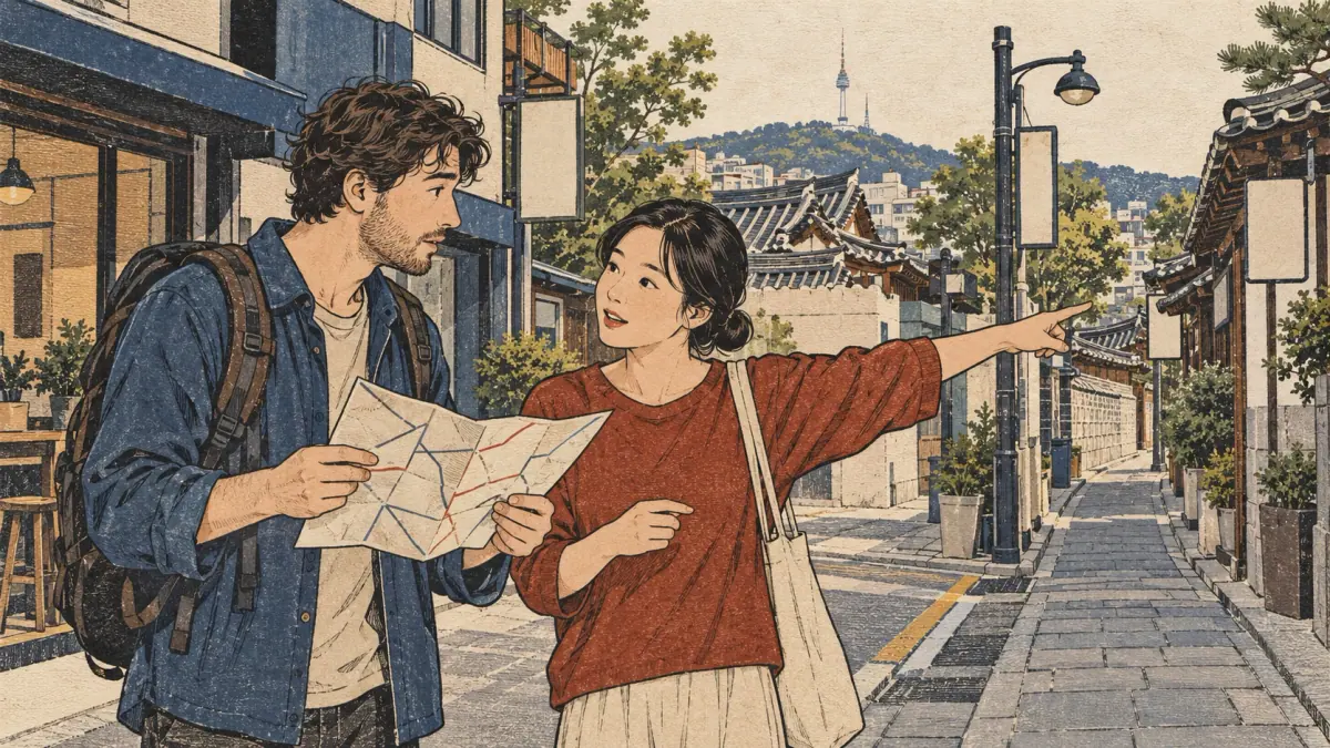A lost learner asks a passerby for directions using a map without labels.