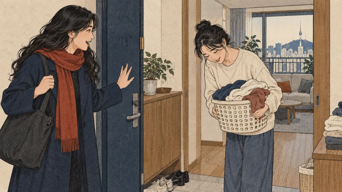 An adult politely declines a friend's invitation at an apartment doorway with an apologetic bow.