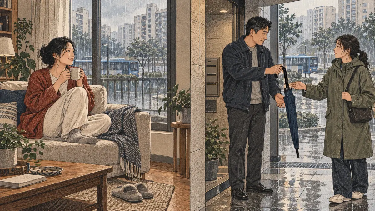Two rainy-day scenes contrast staying home with advising a friend to take an umbrella.