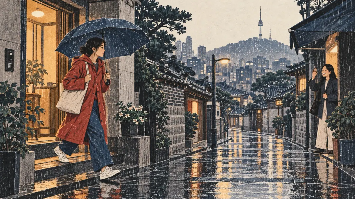 An adult walks through rain in Seoul, keeping their plan despite the weather.
