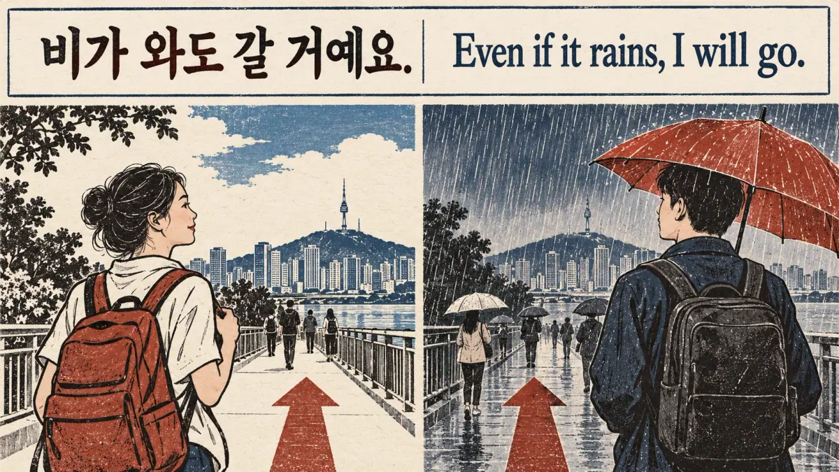 Rain or sun, the plan stays: 비가 와도 갈 거예요.