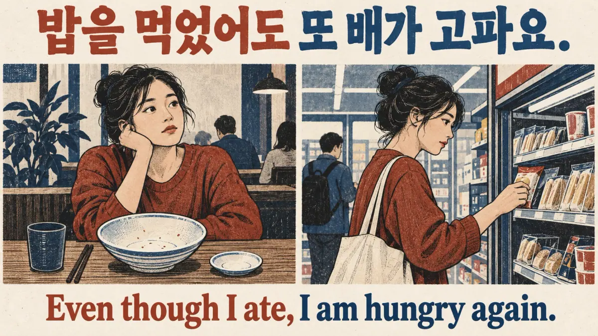 An eaten meal and new hunger illustrate 밥을 먹었어도 또 배가 고파요.