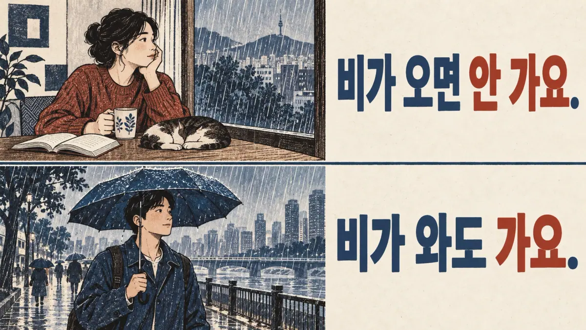 Staying home 비가 오면 안 가요. contrasts with going anyway 비가 와도 가요.