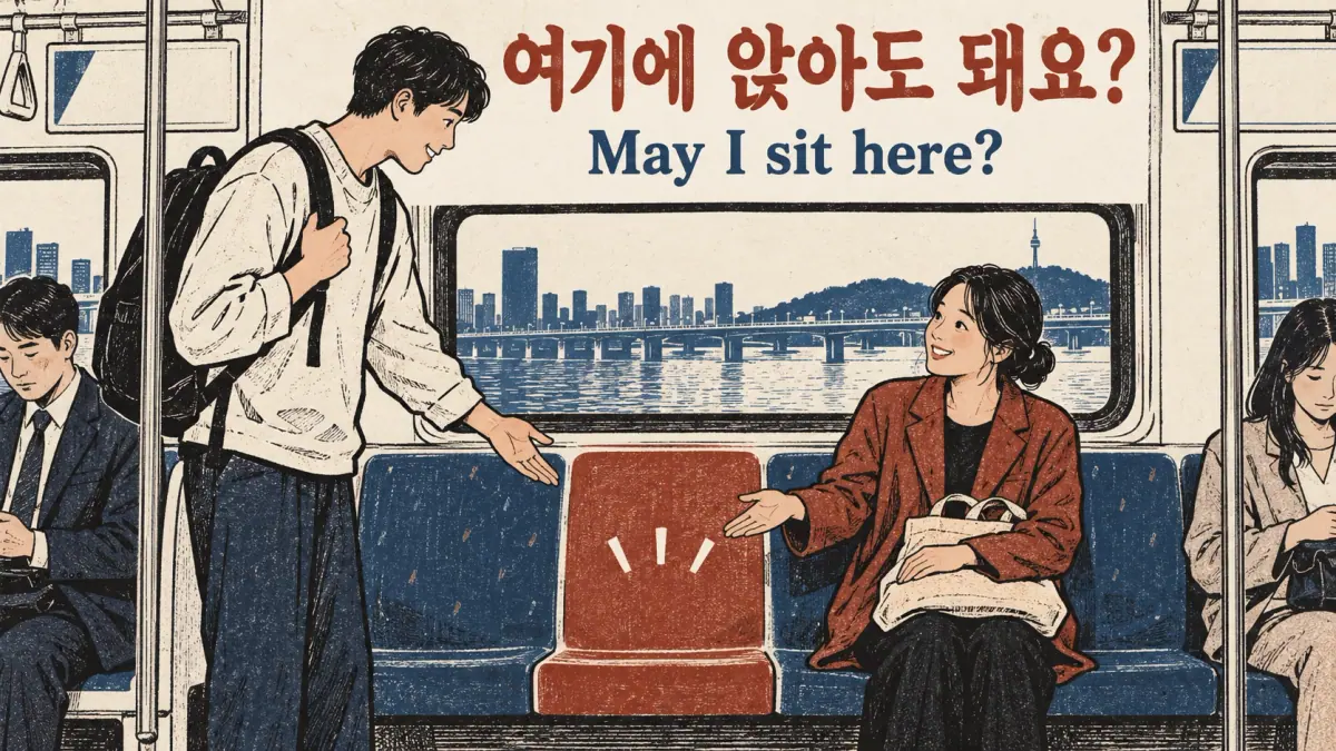 A learner asks about an empty subway seat: 여기에 앉아도 돼요?