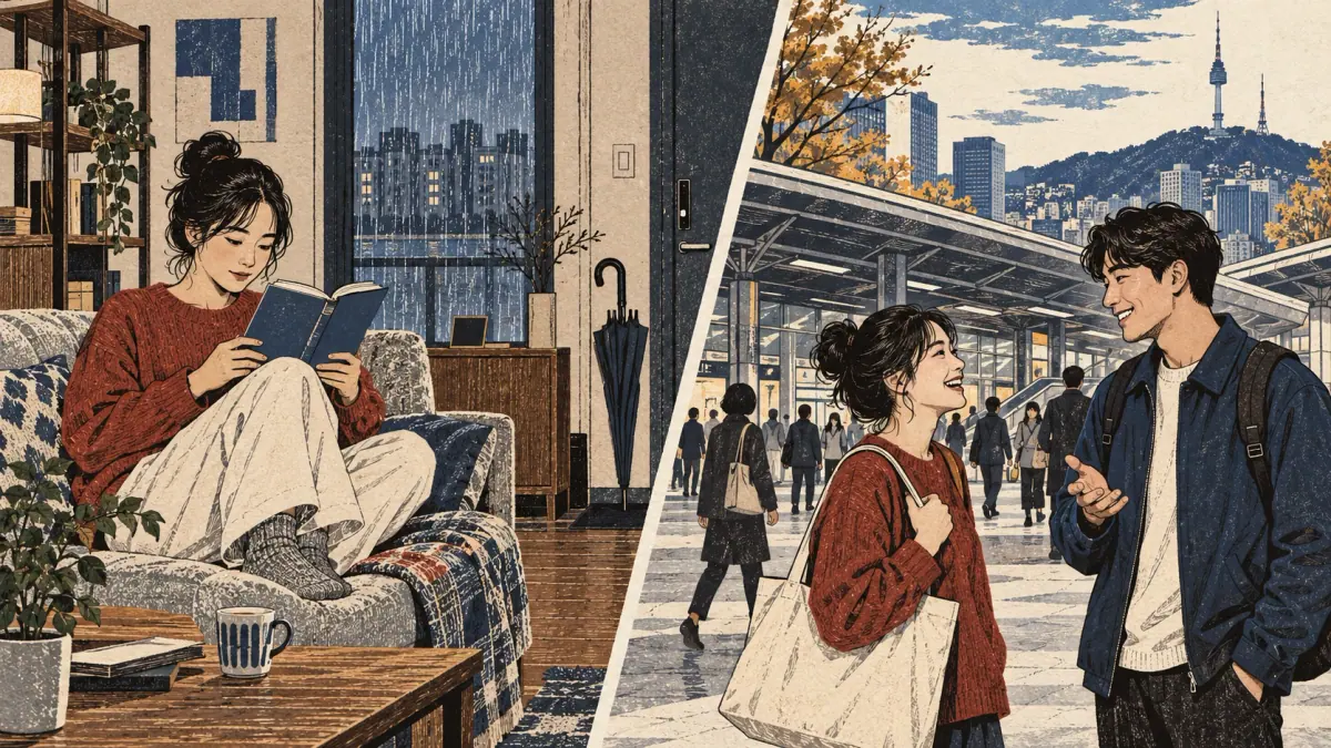 Rain keeps a learner home; a trip to Seoul leads into meeting a friend.