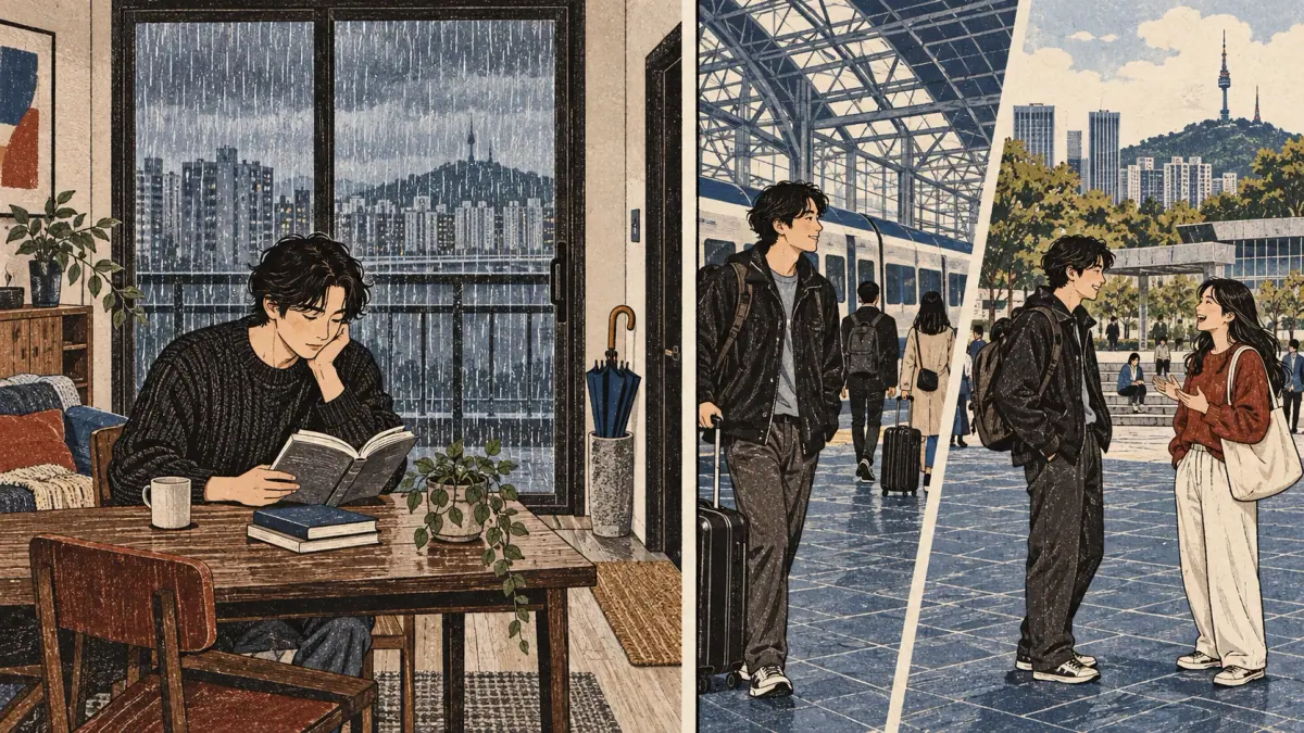Rain causes a learner to stay home; arriving in Seoul leads into meeting a friend there.
