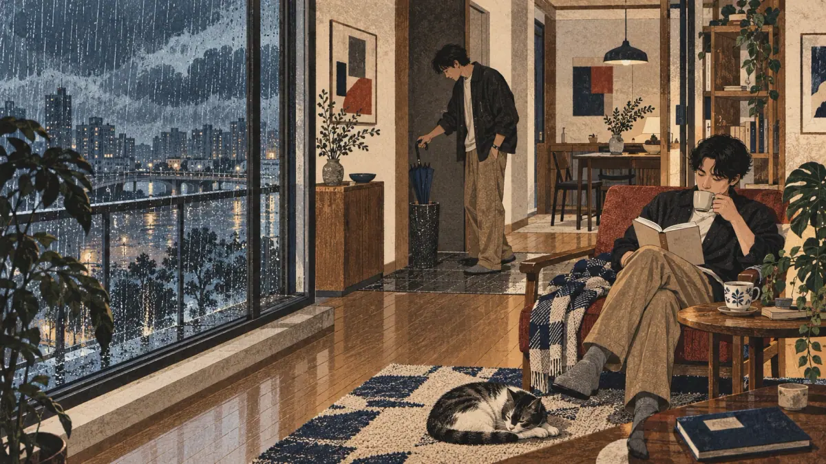 Rain outside explains why a learner stays at home with a book and tea.