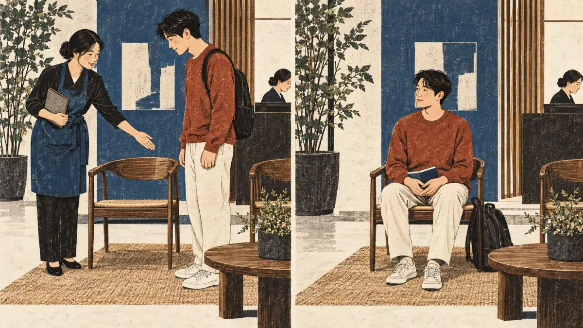 A staff member invites a learner to sit, and the learner waits while remaining seated.
