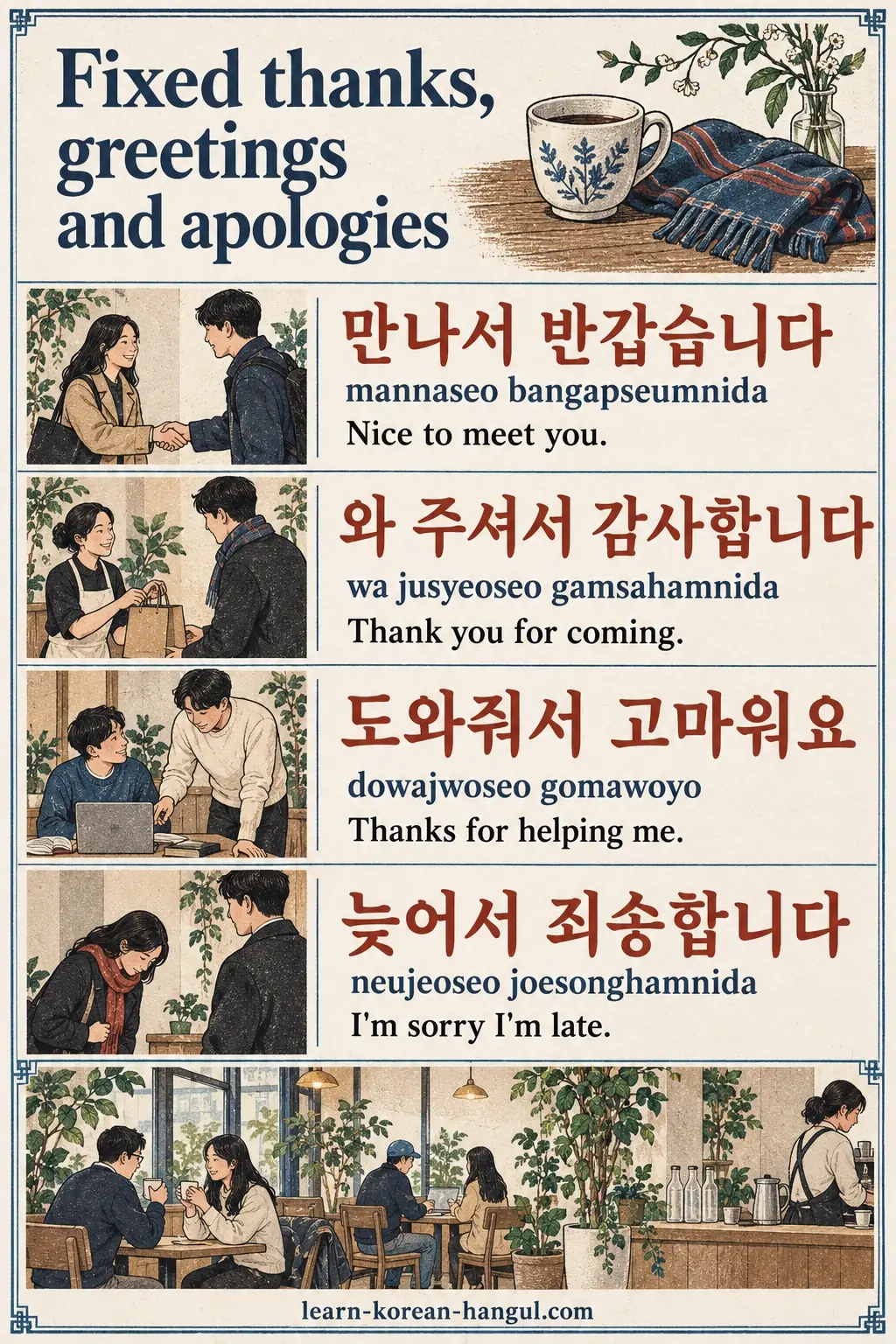 만나서 반갑습니다 (mannaseo bangapseumnida); 와 주셔서 감사합니다 (wa jusyeoseo gamsahamnida); 도와줘서 고마워요 (dowajwoseo gomawoyo); 늦어서 죄송합니다 (neujeoseo joesonghamnida).