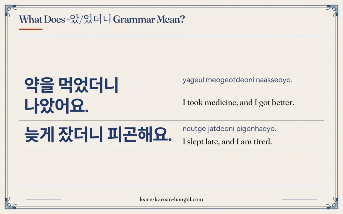 약을 먹었더니 나았어요. · yageul meogeotdeoni naasseoyo. · I took medicine, and I got better. · What does -았/었더니 grammar mean?