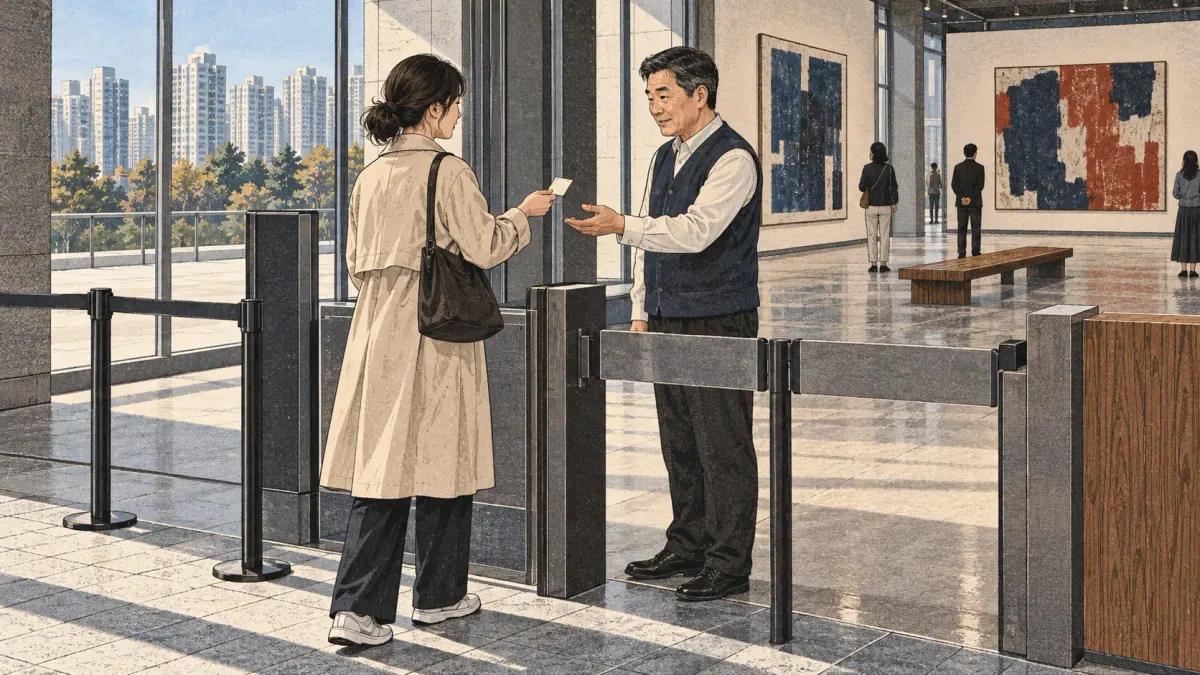 A visitor presents a ticket to an attendant before entering a Seoul exhibition.