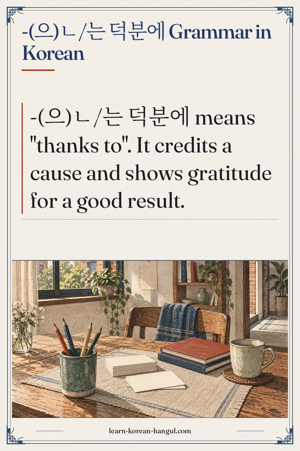 -(으)ㄴ/는 덕분에 grammar in Korean