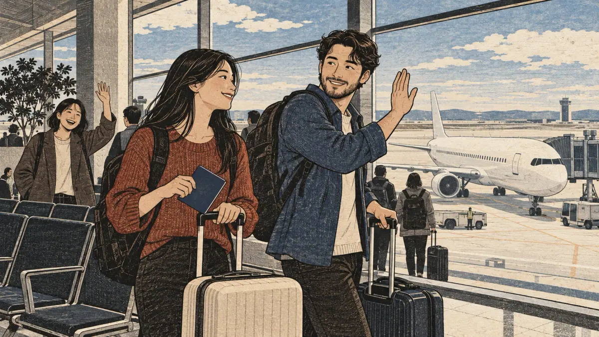 Adult travellers prepare to board a plane at a Korean airport, illustrating a planned moment.