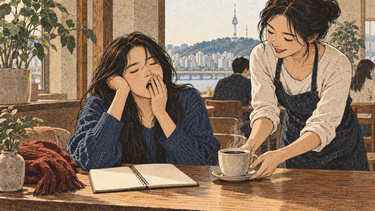 A tired learner drinks coffee at a Seoul café, showing an action tied to a particular moment.