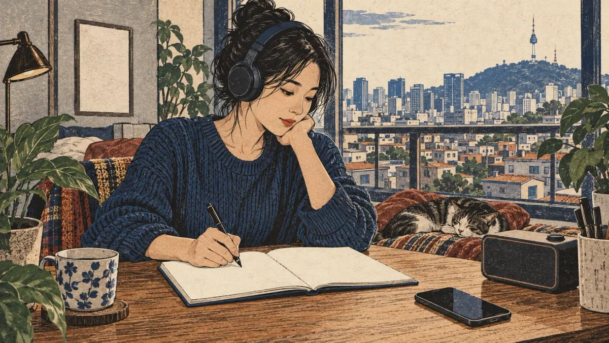 A learner listens to music through headphones while studying at a Seoul apartment desk.
