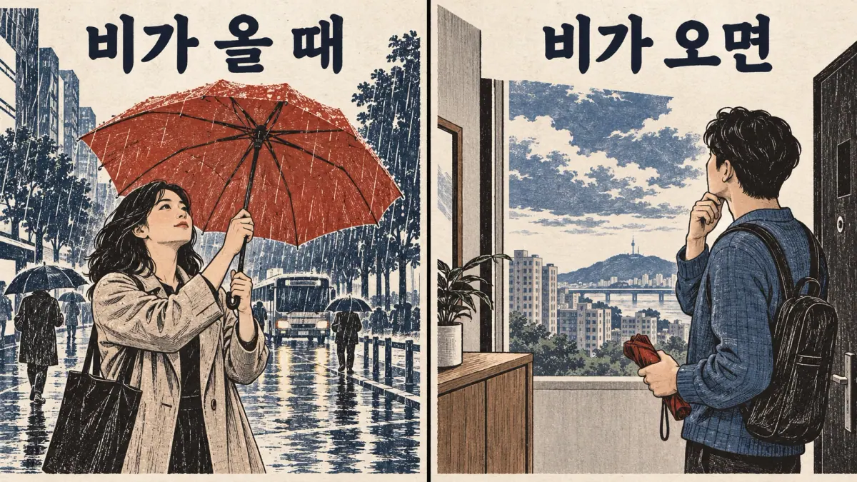 비가 올 때 labels actual rain; 비가 오면 labels an adult considering possible rain.