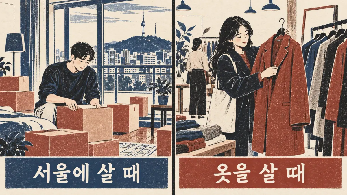 서울에 살 때 shows living in Seoul; 옷을 살 때 shows buying a coat.