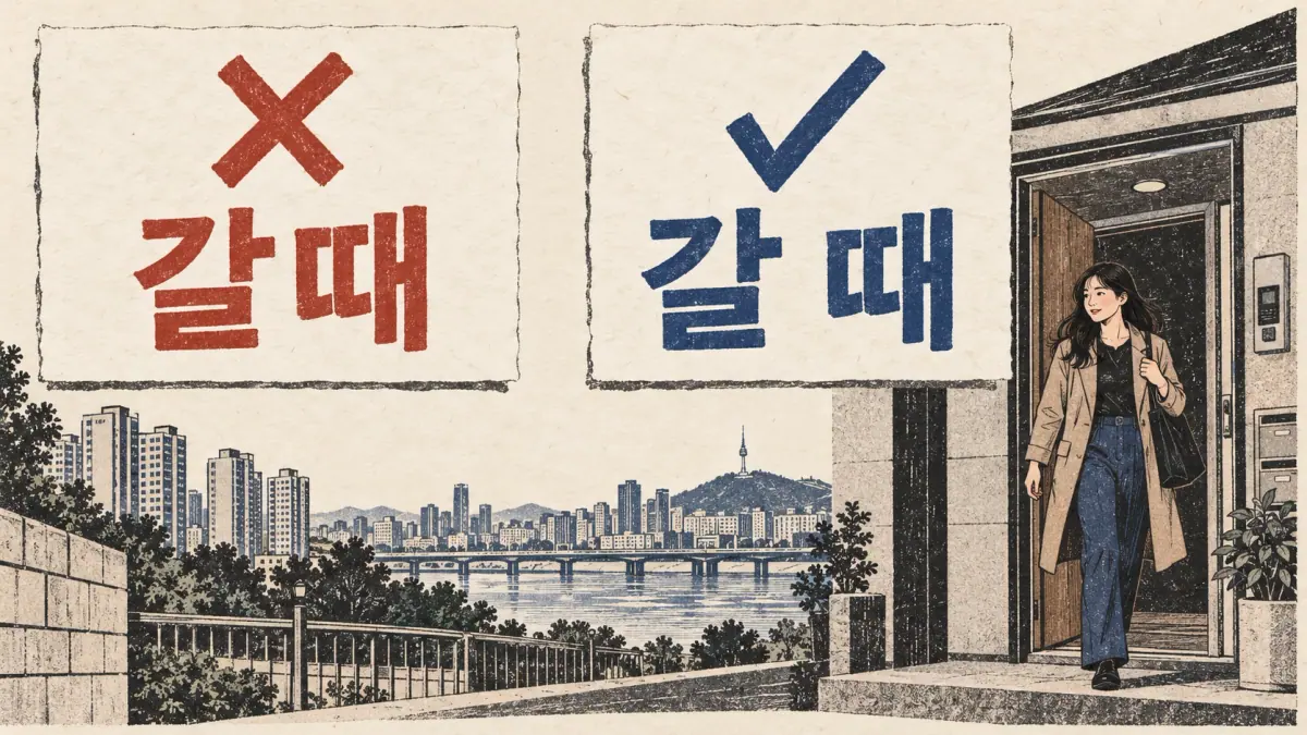 Incorrect 갈때 contrasts with correctly spaced 갈 때, marked with a cross and a check.
