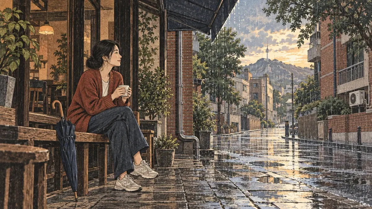 A woman waits beneath a Seoul café awning until the rain stops.