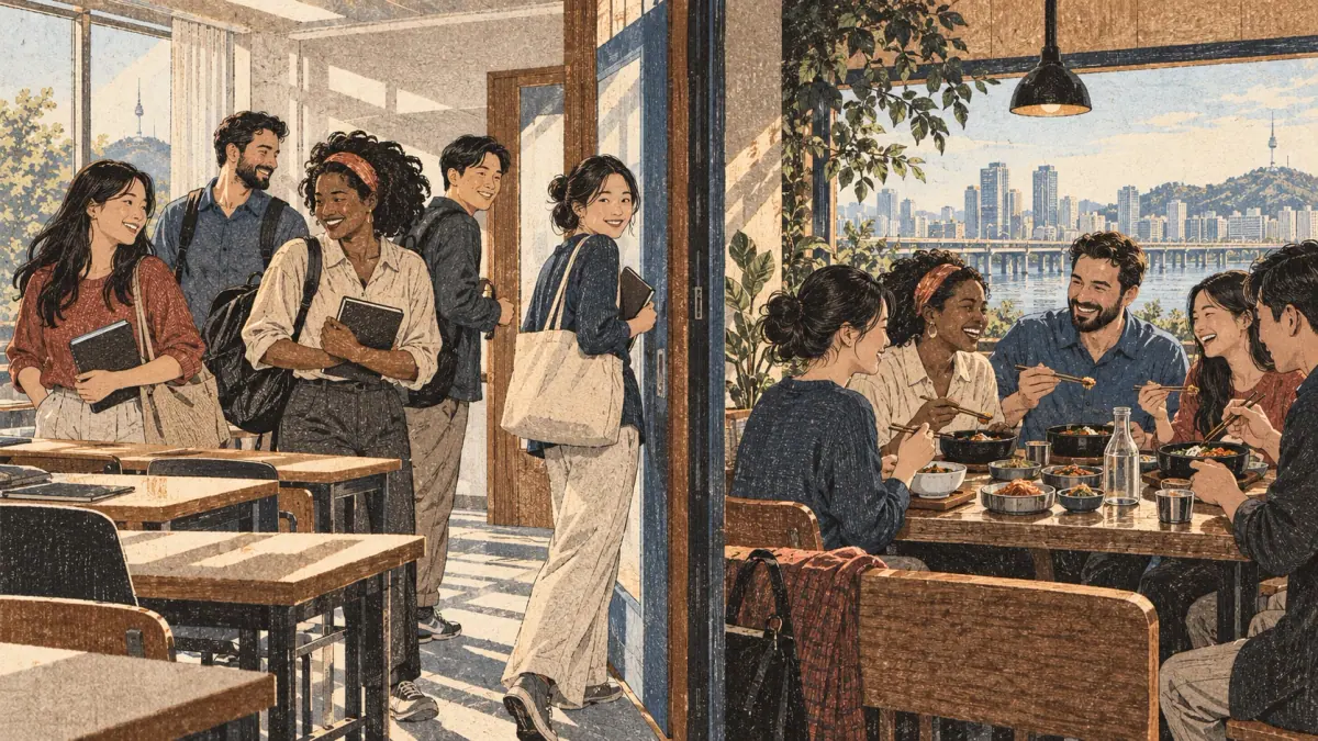 Adult learners finish class, then share lunch in Seoul.
