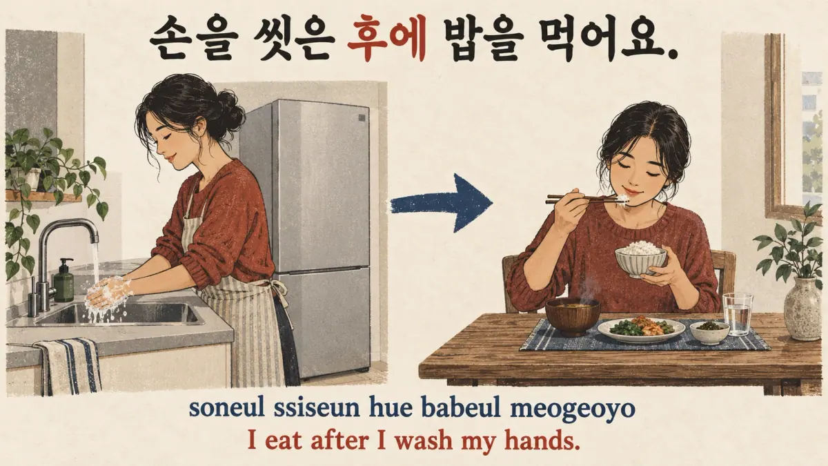 Wash hands, then eat: 손을 씻은 후에 밥을 먹어요. (soneul ssiseun hue babeul meogeoyo).