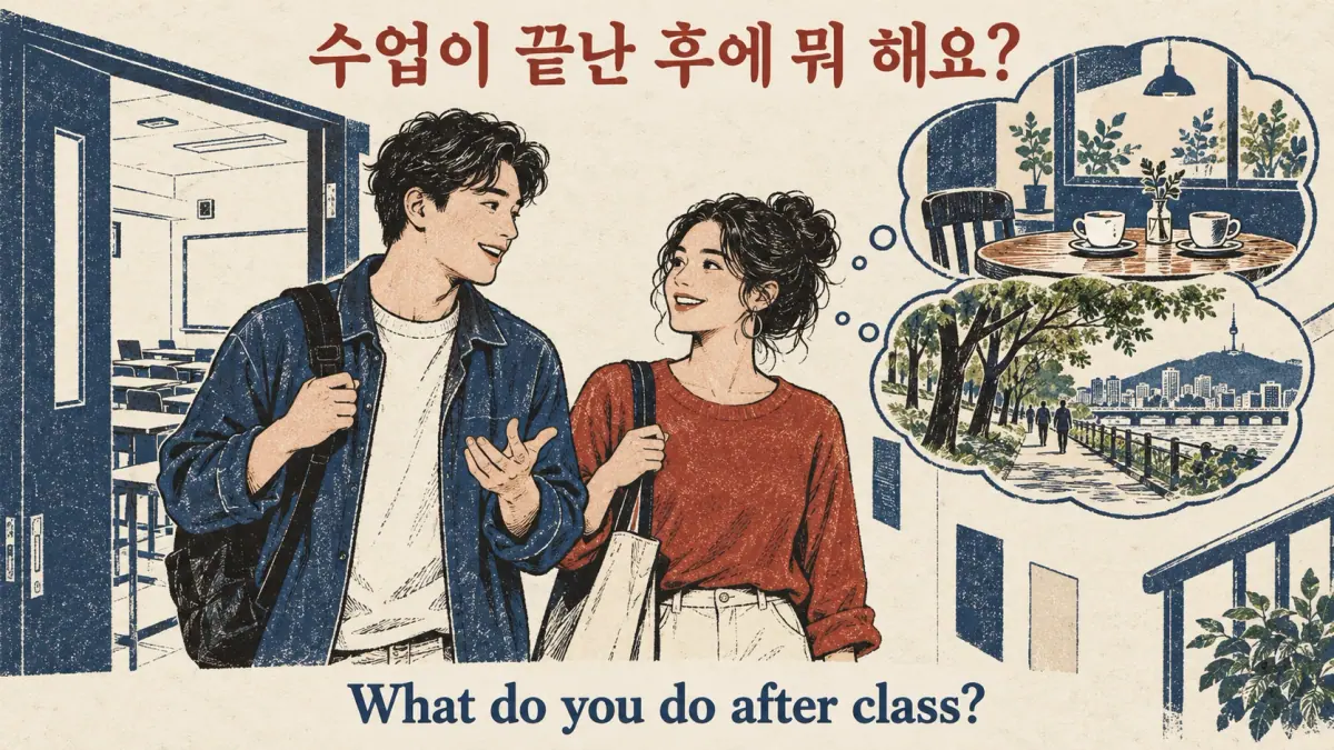 Learners ask about after-class plans: 수업이 끝난 후에 뭐 해요? — What do you do after class?