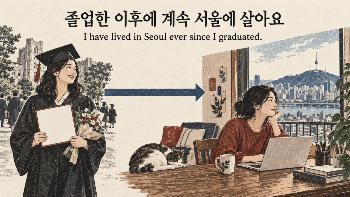 Graduation followed by continued Seoul life: 졸업한 이후에 계속 서울에 살아요.