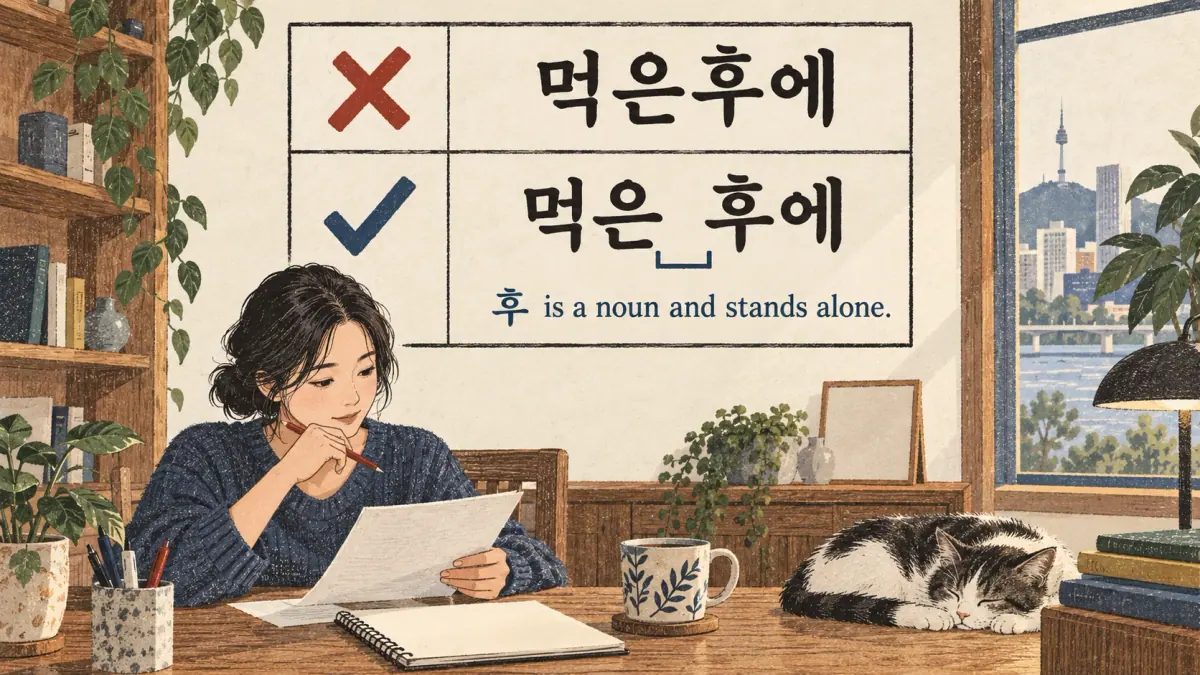 Spacing correction: ✗ 먹은후에 → ✓ 먹은 후에. 후 stands alone as a noun.