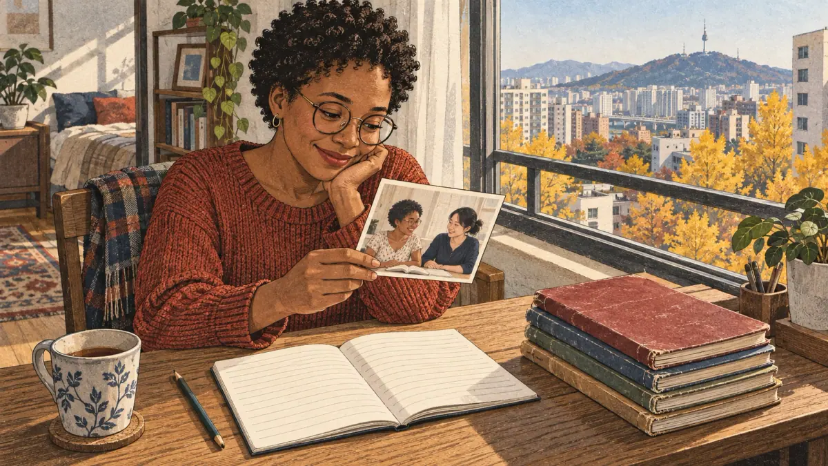 A learner reflects on time spent studying Korean beside a photograph of her first lesson.