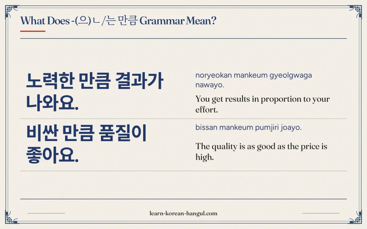 노력한 만큼 결과가 나와요. · noryeokan mankeum gyeolgwaga nawayo. · You get results in proportion to your effort. · What does -(으)ㄴ/는 만큼 grammar mean?