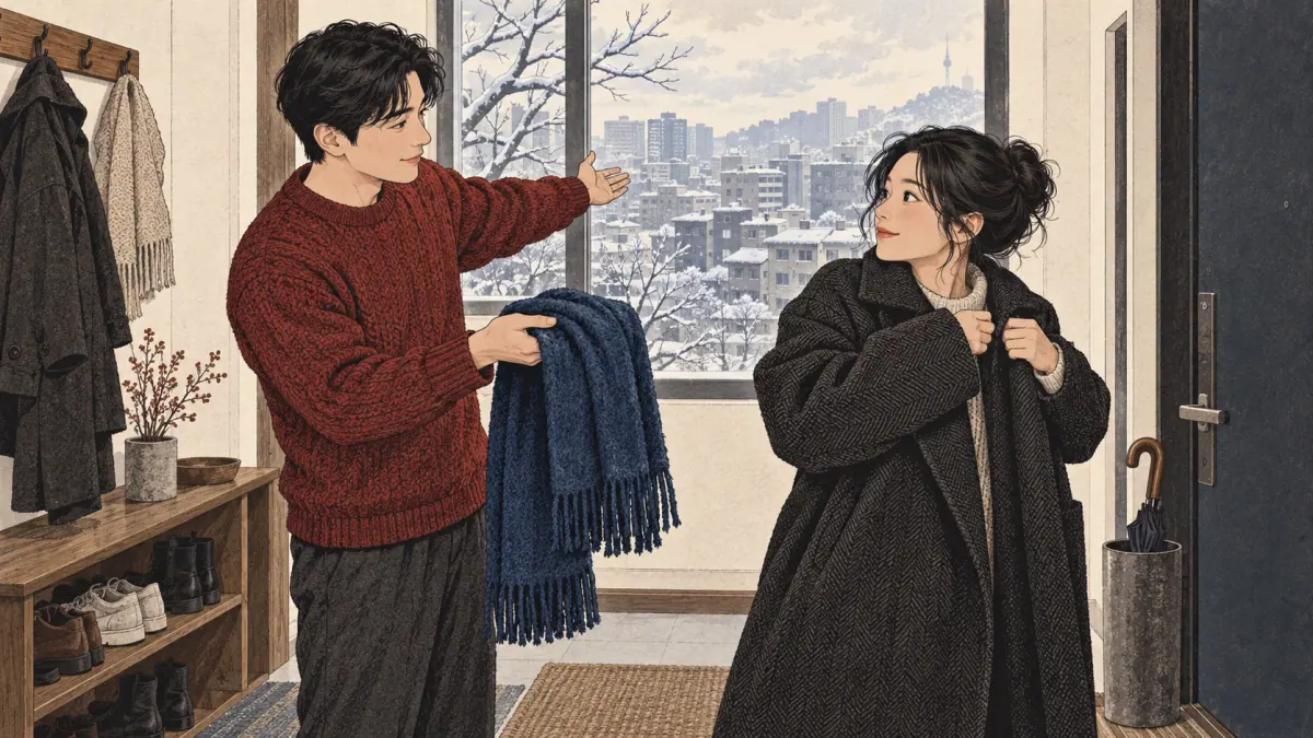 One adult offers a warm scarf as another dresses for a cold day in a Seoul apartment.