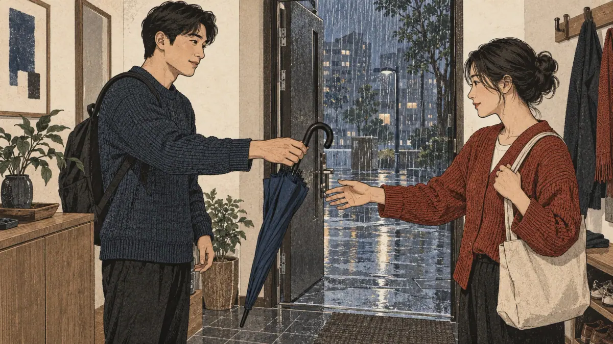 Two adults see rain outside; one offers an umbrella, showing a shared visible reason for advice.