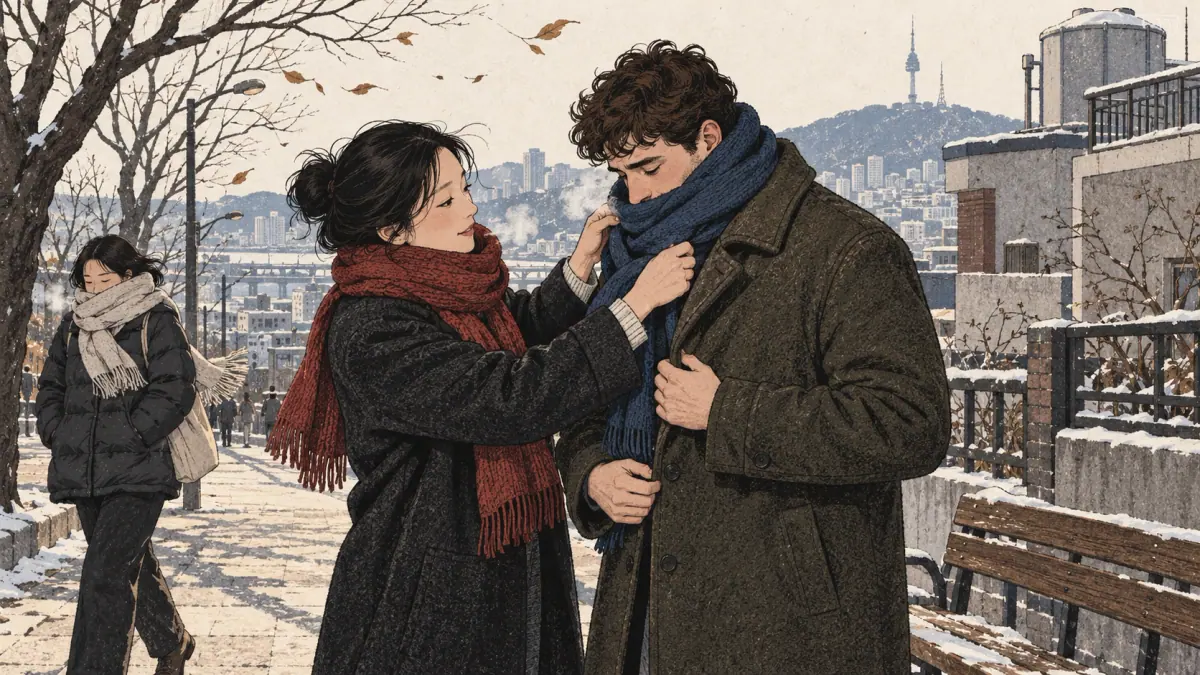 On a cold Seoul street, one adult helps another wrap a scarf and button a warm coat.