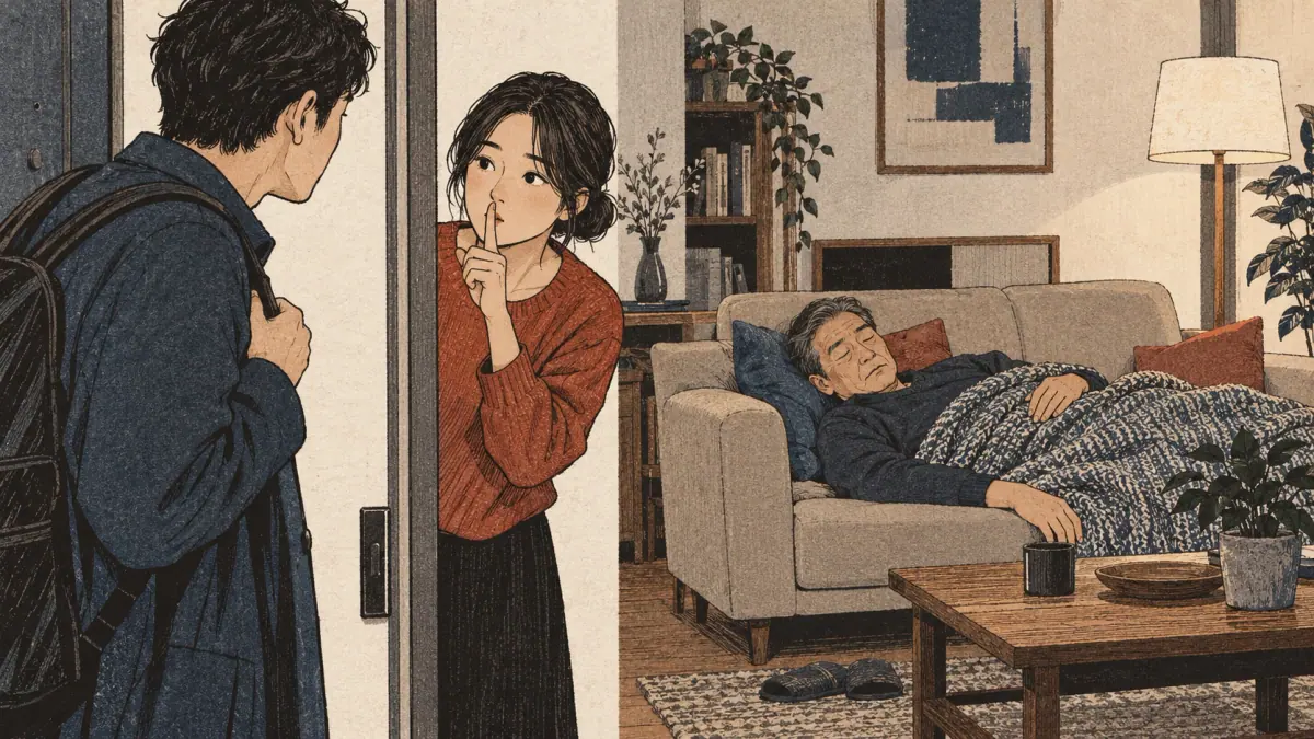 A father sleeps on a sofa while an adult quietly signals an arriving visitor to stay quiet.