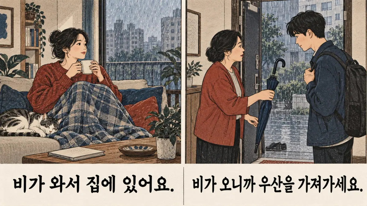 Rain leads to staying home or umbrella advice: 비가 와서 집에 있어요.; 비가 오니까 우산을 가져가세요.