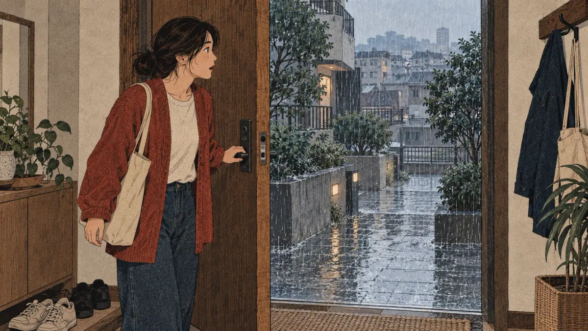 An adult opens an apartment door and discovers that rain is falling outside.