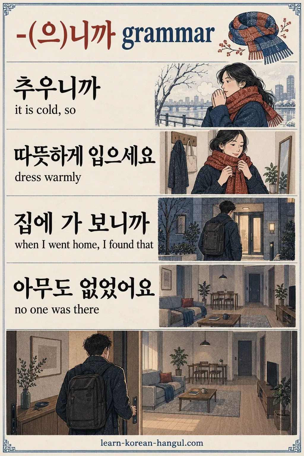 Clause meanings: 추우니까; 따뜻하게 입으세요; 집에 가 보니까; 아무도 없었어요, with scarf and empty-home scenes.