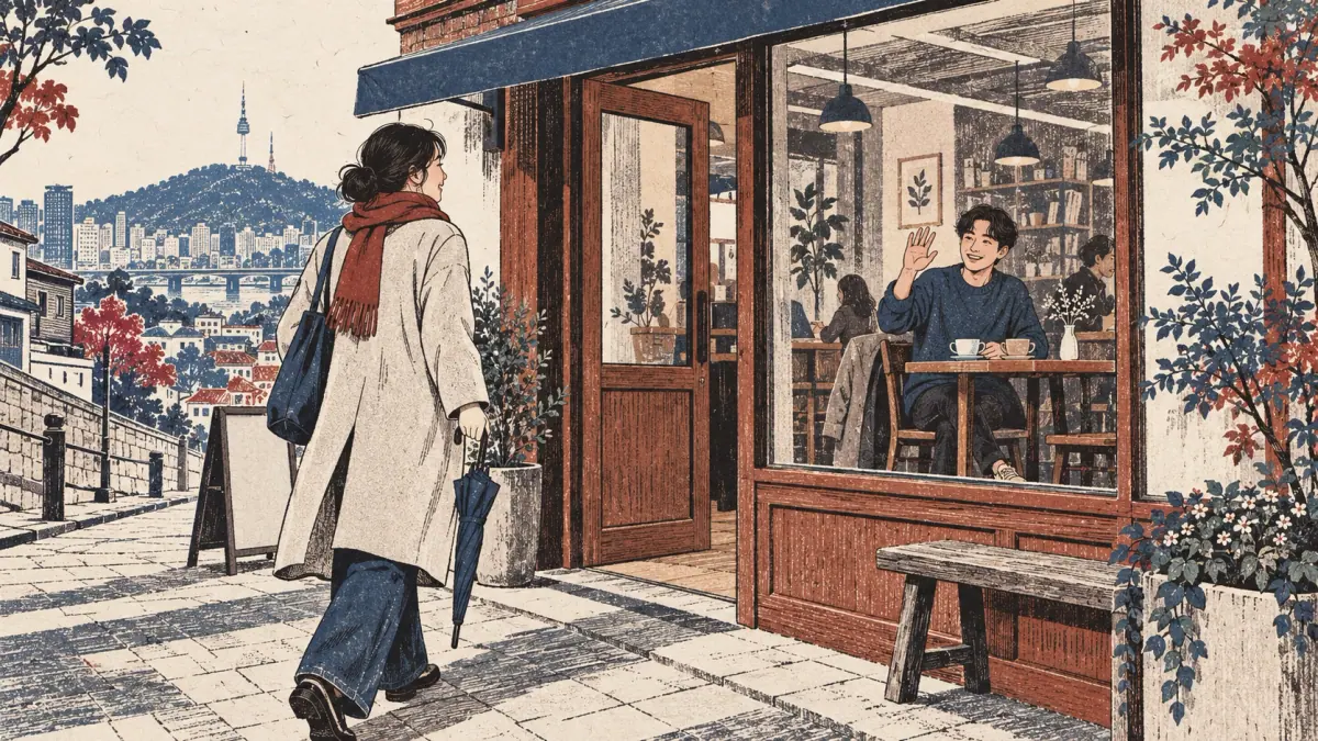 A learner walks into a Seoul cafe to meet a friend waiting at a wooden table.