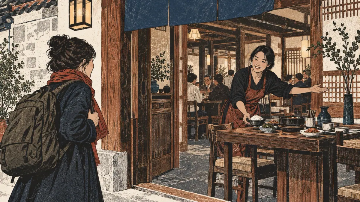An adult comes to a Seoul restaurant to eat, illustrating travel with a purpose.